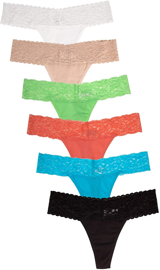 Jo & Bette (6 Pack) Cotton Womens Thong Underwear Lace Trim Soft Sexy Lingerie Panties Set Apparel & Accessories > Clothing > Underwear & Socks > Underwear Jo & Bette Classic X-Small 