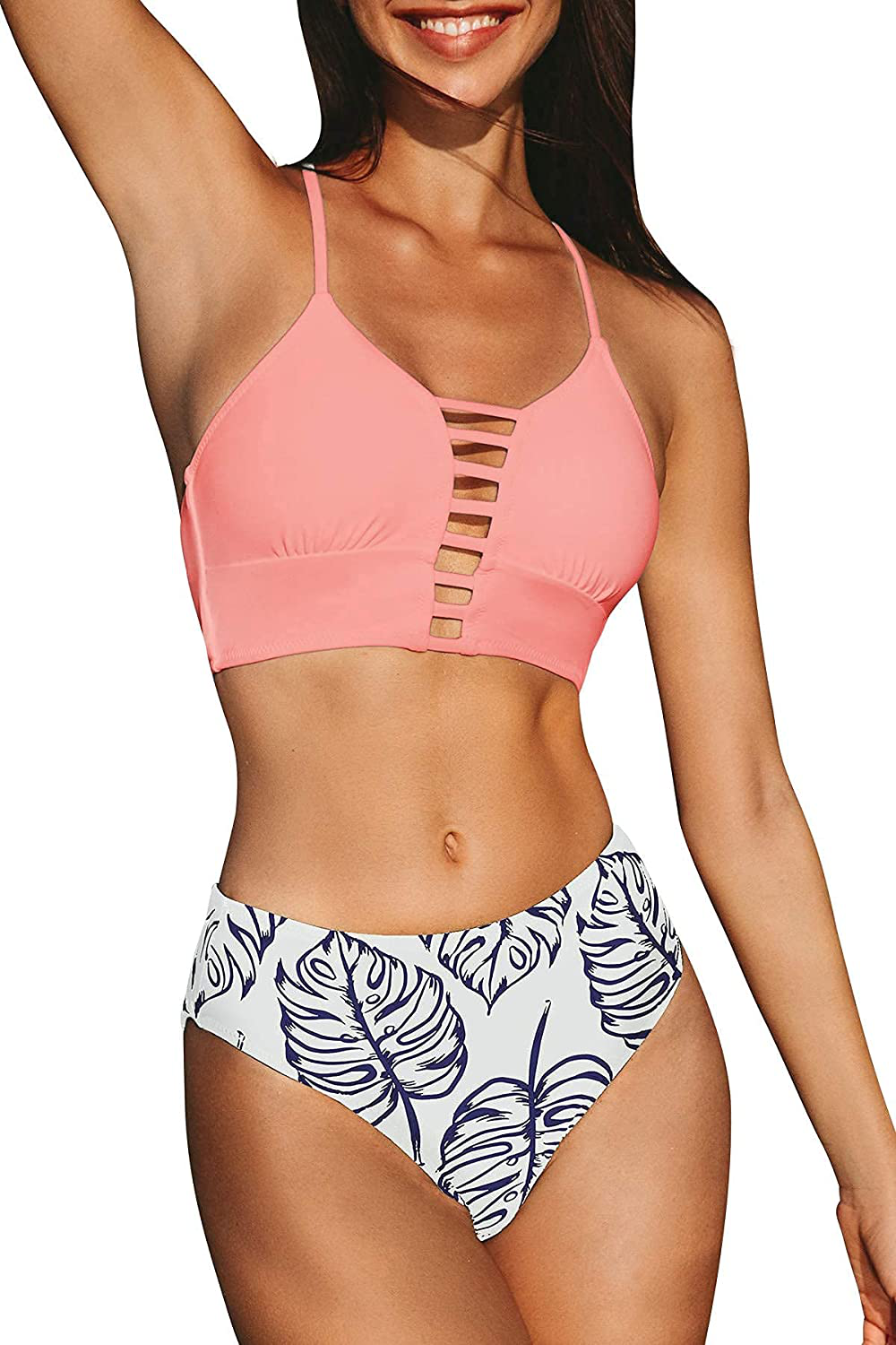CUPSHE Women’s Bikini Swimsuit Floral Print Lace Up Multi Color Strappy Two Piece Bathing Suit Apparel & Accessories > Clothing > Swimwear KYLIE MAX Pink Leaf X-Large 