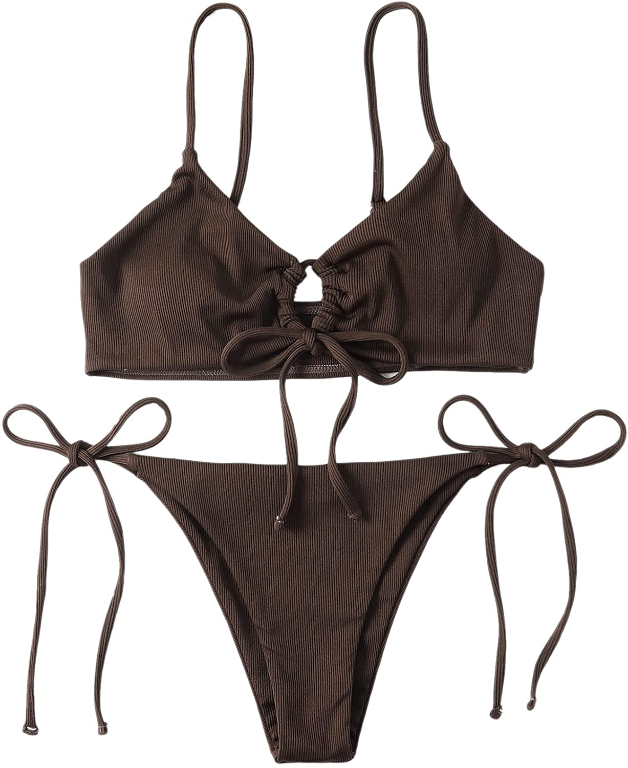 SOLY HUX Women's Floral Print Tie Front Bikini Bathing Suit 2 Piece Swimsuits Apparel & Accessories > Clothing > Swimwear KYLIE MAX Plain Coffee Brown Large 