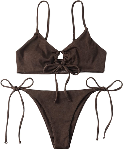 SOLY HUX Women's Floral Print Tie Front Bikini Bathing Suit 2 Piece Swimsuits Apparel & Accessories > Clothing > Swimwear KYLIE MAX Plain Coffee Brown Large 