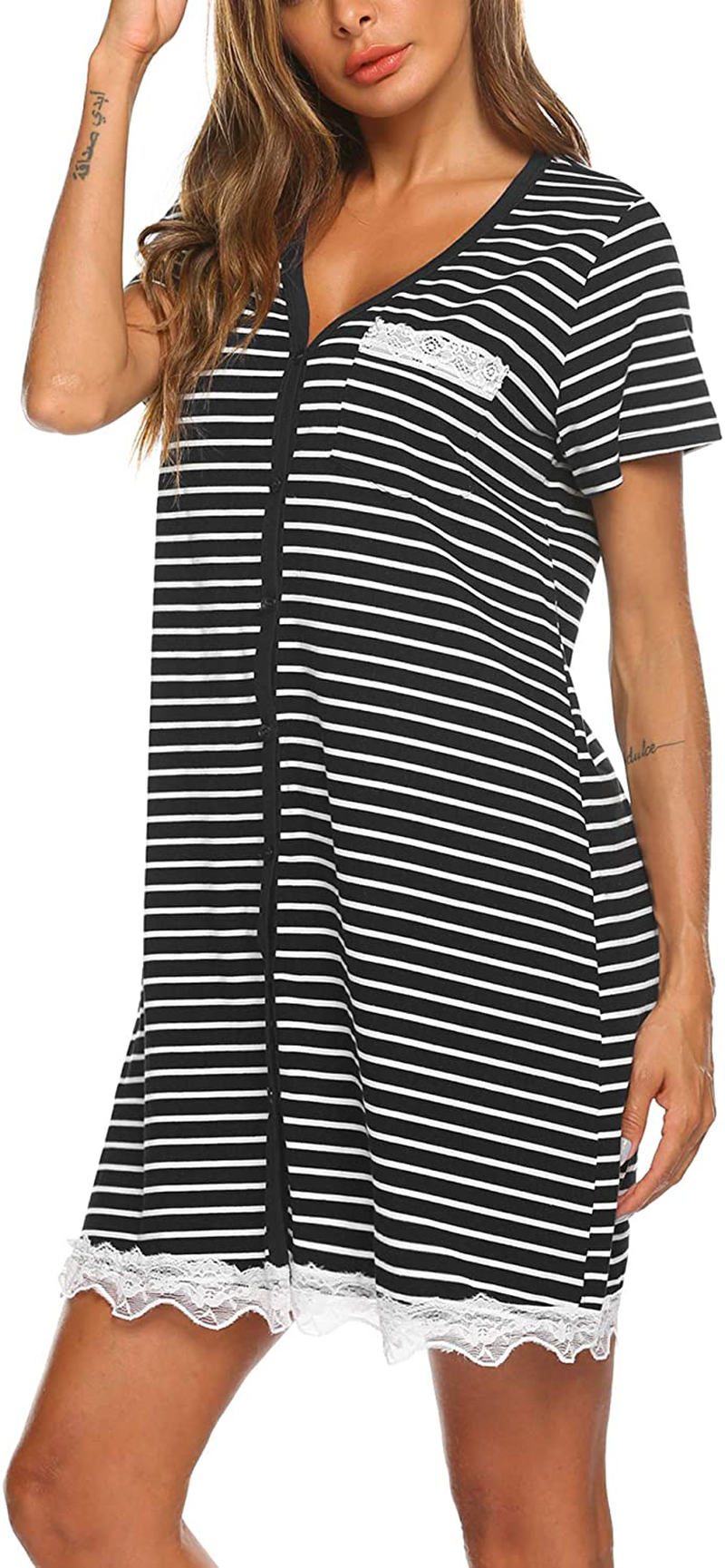 Ekouaer Women'S Nightgown Striped Tee Short Sleeve Cotton Sleep Nightshirt Button down Pajama Dress S-XXXL Apparel & Accessories > Clothing > Sleepwear & Loungewear > Nightgowns Kylie Max   