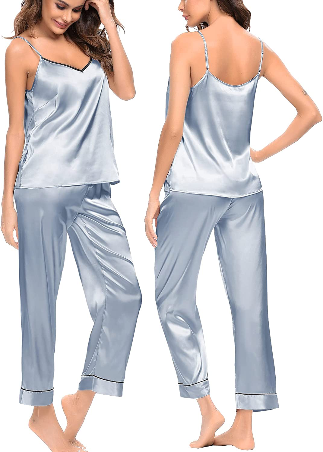 SWOMOG Womens Silk Satin Pajamas Set Two-Piece Pj Sets Cami Top and Capris Pants Sleepwear Apparel & Accessories > Clothing > Sleepwear & Loungewear Kylie Max   