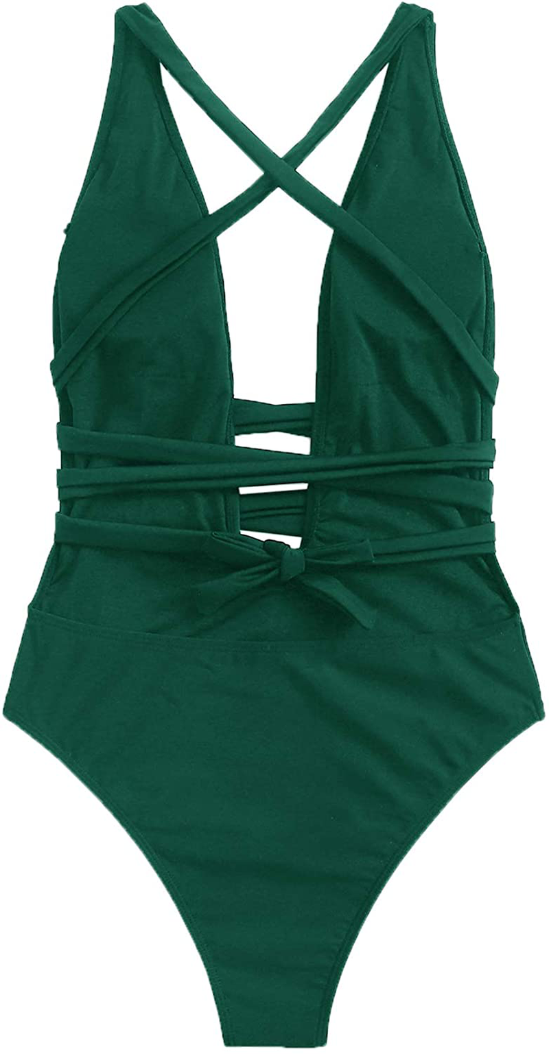 Sweatyrocks Women'S Sexy Basic Criss Cross Tie Knot Front Deep V Open Back One Piece Swimwear Apparel & Accessories > Clothing > Swimwear Kylie Max   