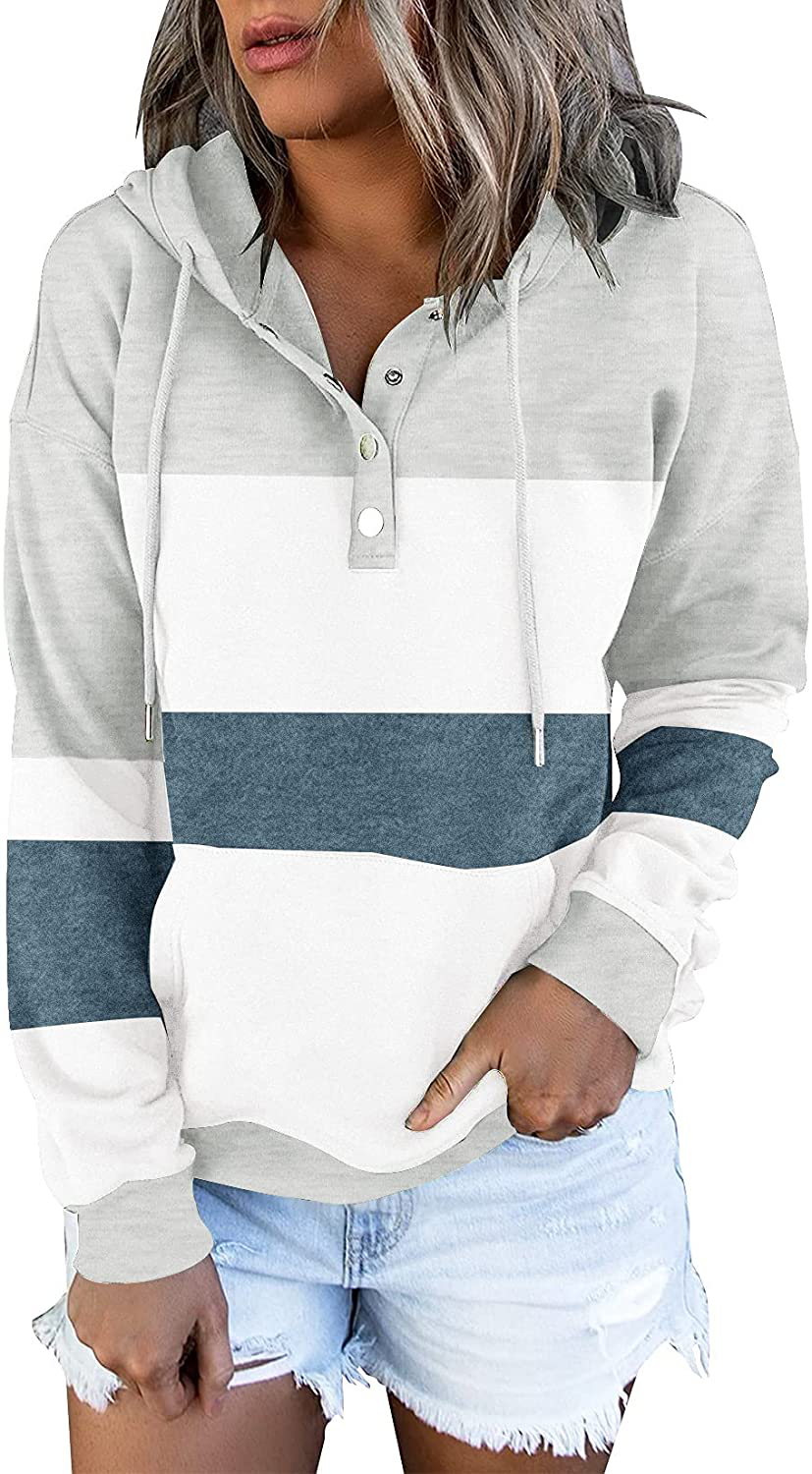 ETCYY Women'S Color Block Hoodies Tops Long Sleeve Casual Drawstring Button down Pullover Sweatshirt with Pocket Apparel & Accessories > Clothing > Activewear Kylie Max   
