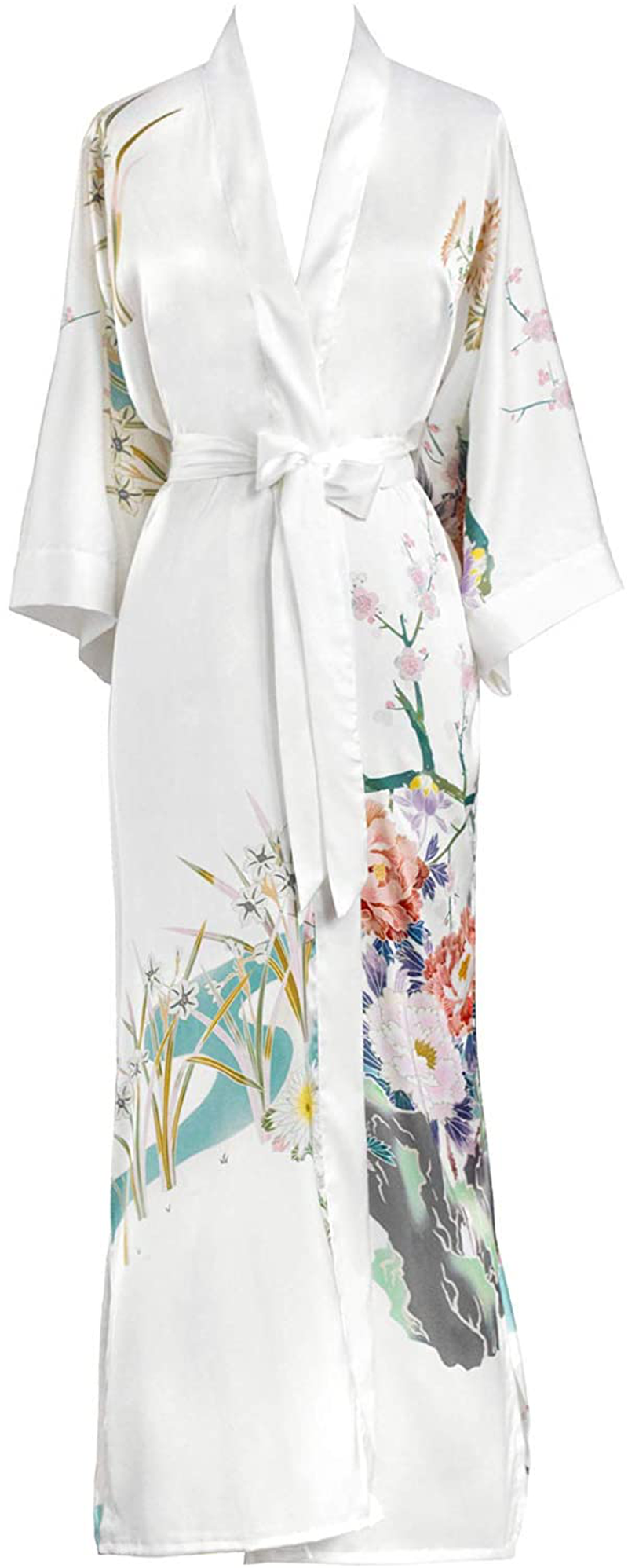 KIM+ONO Women'S Charmeuse Kimono Robe Long - Watercolor Floral Apparel & Accessories > Clothing > Sleepwear & Loungewear > Robes KIM+ONO Spring Floral - White  