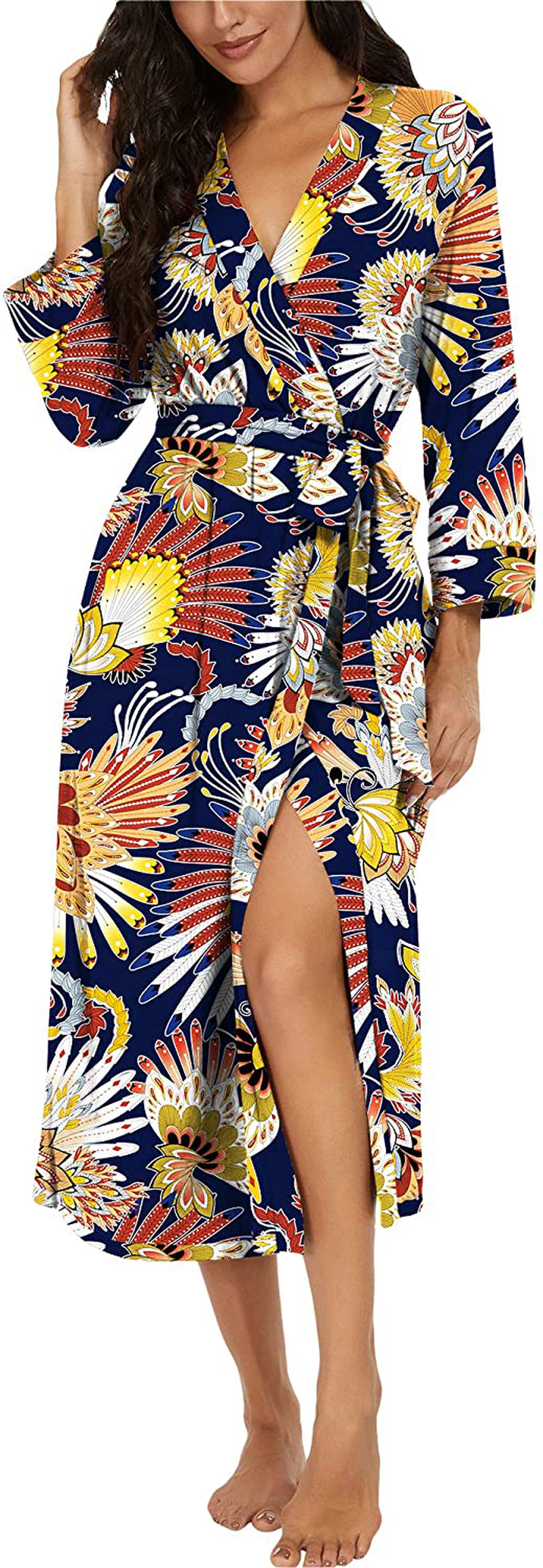 VINTATRE Women Kimono Robes Long Knit Bathrobe Lightweight Soft Knit Sleepwear V-Neck Casual Ladies Loungewear Apparel & Accessories > Clothing > Sleepwear & Loungewear > Robes VINTATRE D10 Feather Navy Blue Large 