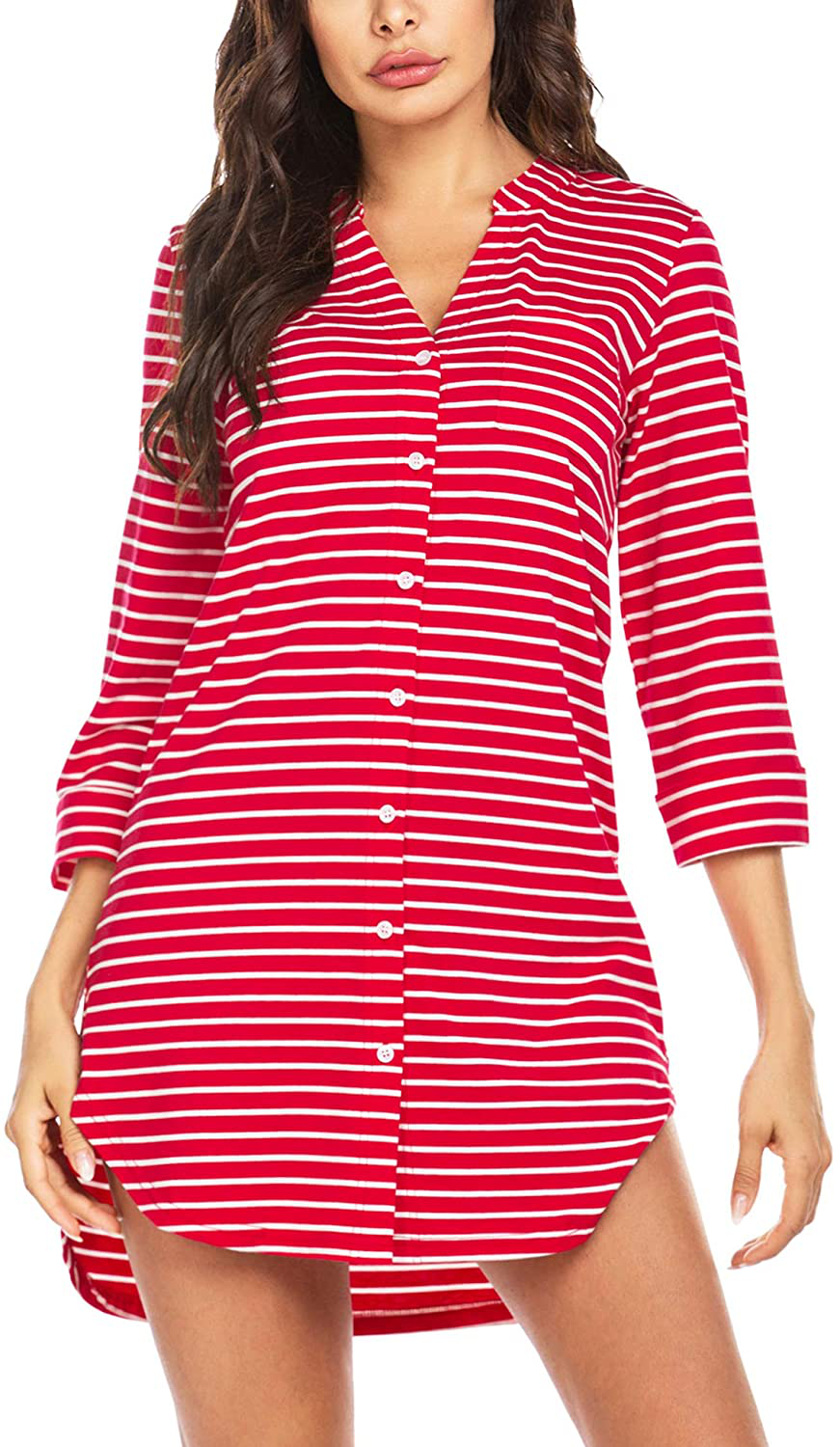 Ekouaer Women'S Nightgown Striped Sleepwear 3/4 Sleeves Nightshirts Soft Button Sleep Dress Apparel & Accessories > Clothing > Sleepwear & Loungewear > Nightgowns Kylie Max   