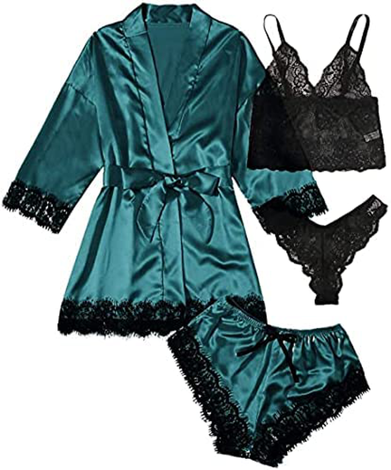 Vickybelle Women'S 4 Pieces Satin Floral Lace Cami Top Satin Pajama Set with Robe S-XL (M, Green) Apparel & Accessories > Clothing > Sleepwear & Loungewear Kylie Max   