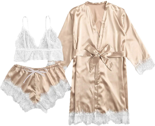 SOLY HUX Women'S Sleepwear 4Pcs Floral Lace Trim Satin Cami Pajama Set with Robe Apparel & Accessories > Clothing > Sleepwear & Loungewear Kylie Max   