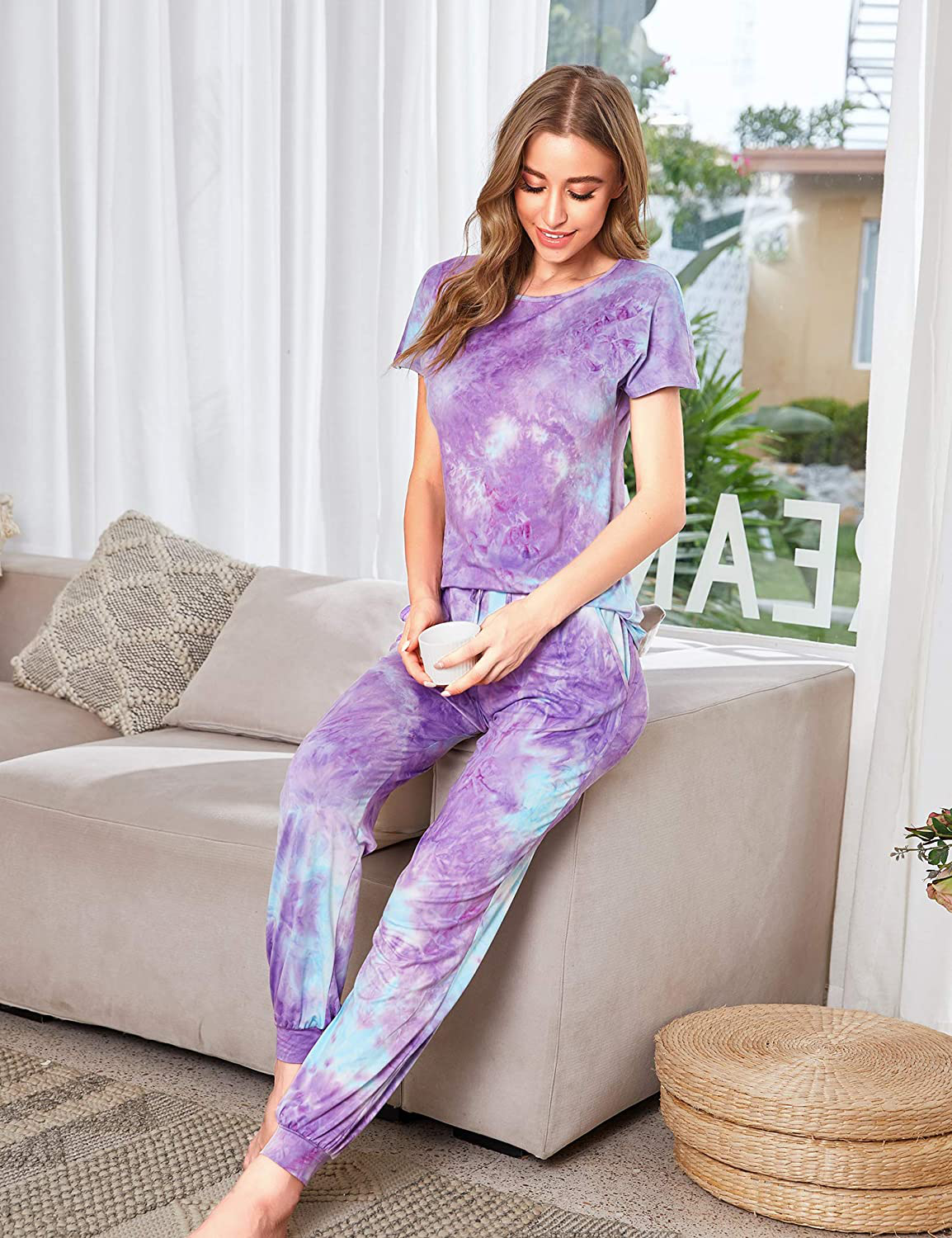 Hotouch Womens Pajamas Set Short Sleeve Cute Printed Tops and Pants 2 Piece PJ Sets Joggers Loungewear Sleepwear with Pockets Apparel & Accessories > Clothing > Sleepwear & Loungewear > Pajamas Kylie Max   