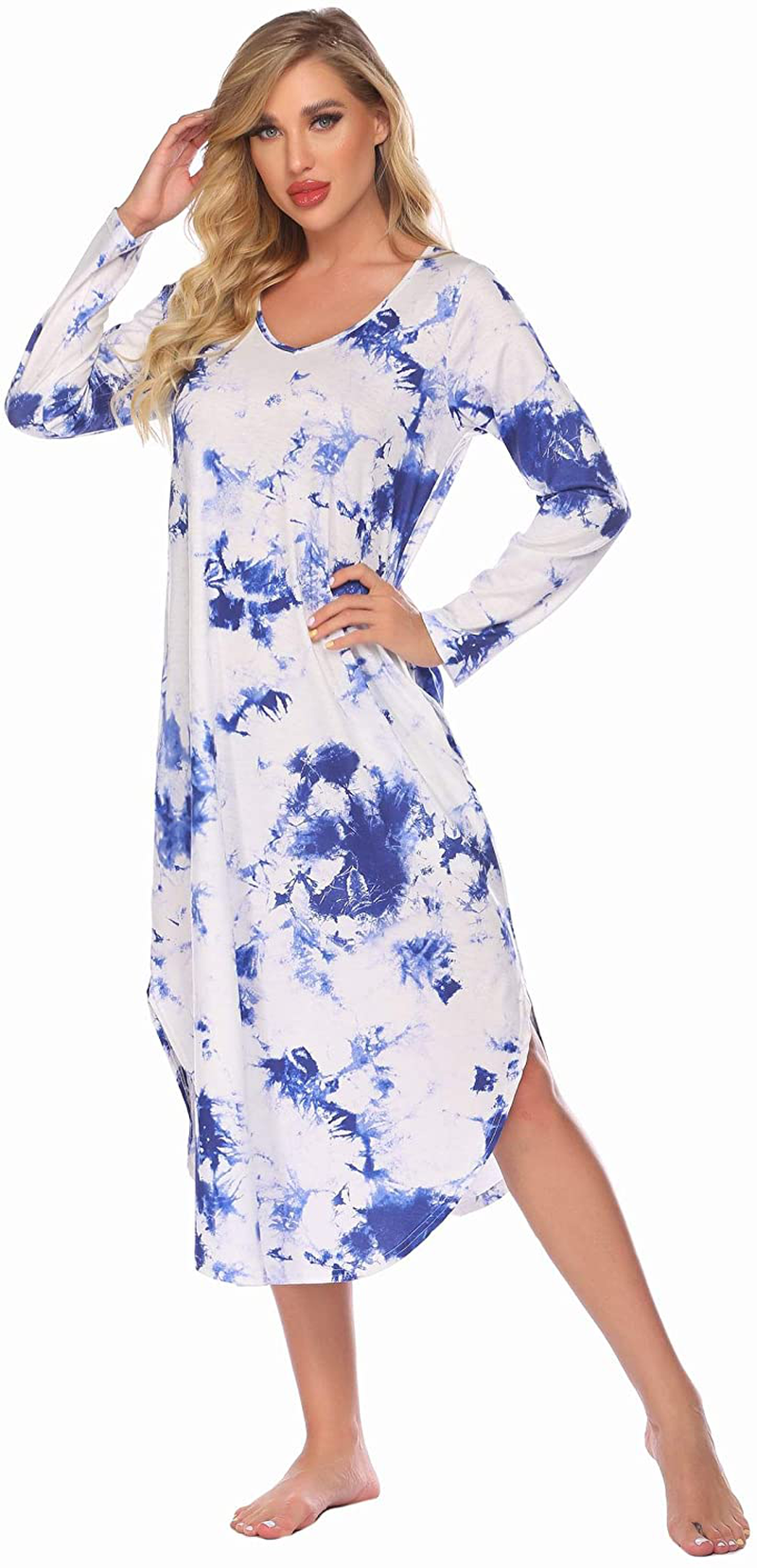 Ekouaer Nightgowns Womens V Neck Nightshirts Long Sleeve Sleepwear plus Size Night Wear S-XXL Apparel & Accessories > Clothing > Sleepwear & Loungewear > Nightgowns Kylie Max   