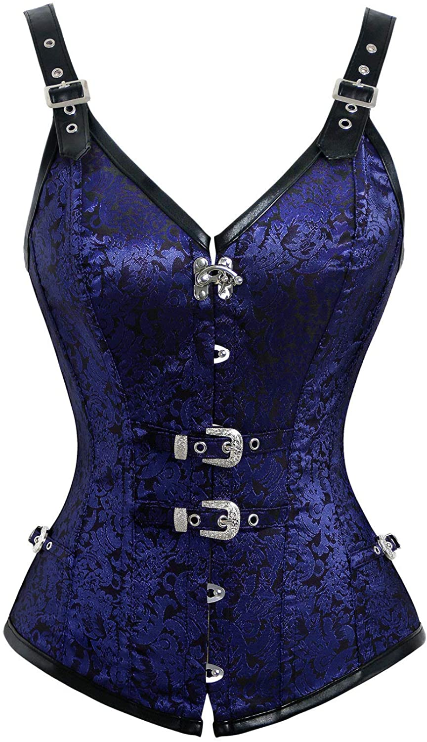 Kimring Women'S Gothic Steampunk Jacquard Overbust Corset Vest with Buckles Apparel & Accessories > Clothing > Underwear & Socks > Lingerie Kimring Upgraded-blue Small 