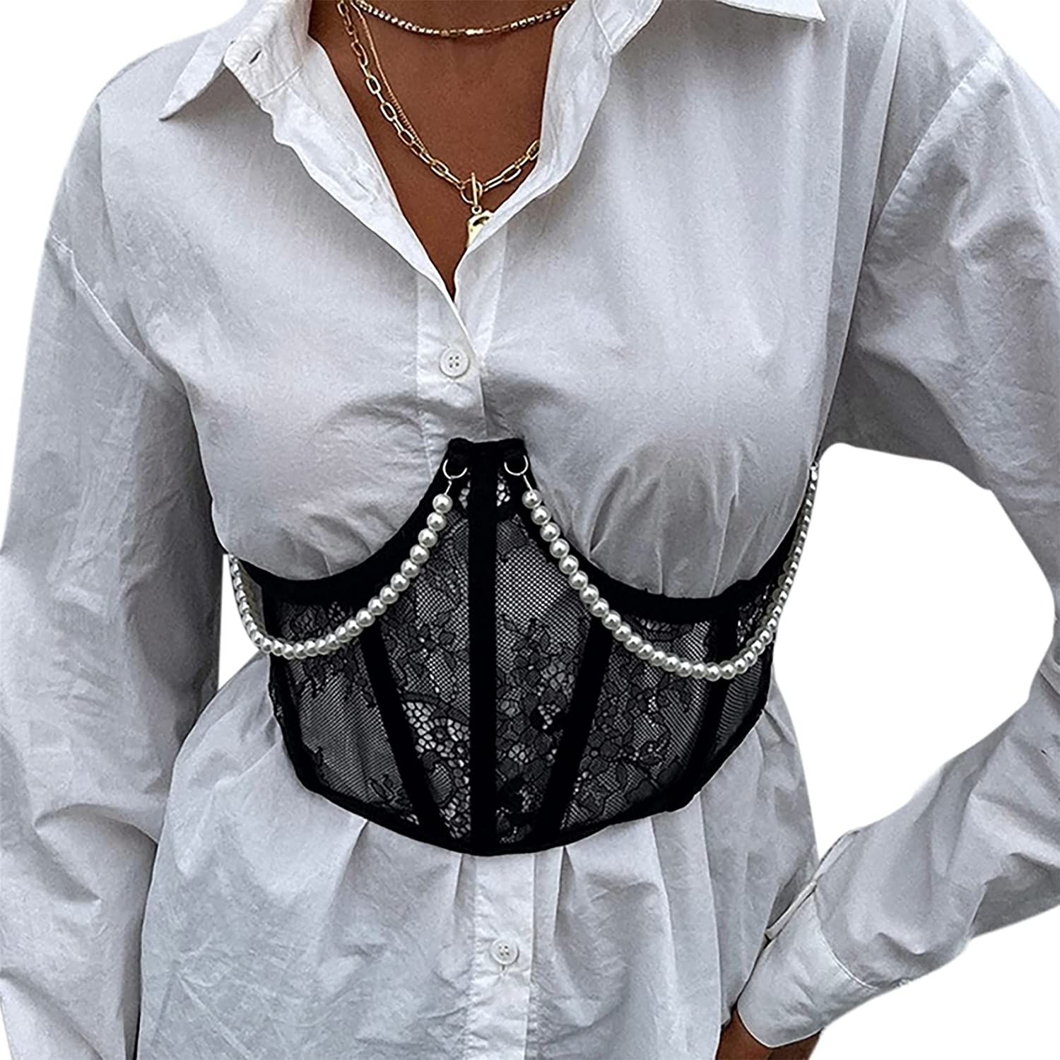 JUMISEE Women See through Mesh Lace up Bustier Corset Metal Chain Boned Overbust Waist Cincher Wide Belt Apparel & Accessories > Clothing > Underwear & Socks > Lingerie JUMISEE Lace Black Large 