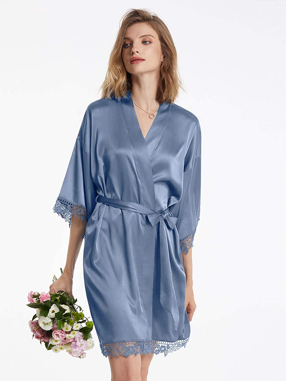 AW BRIDAL Women'S Lace Trim Silk Robe Satin Robe for Bridal Robe Bride Robe Bridesmaids Robes Wedding Nightgown, S-XL Apparel & Accessories > Clothing > Sleepwear & Loungewear > Robes AW BRIDAL   