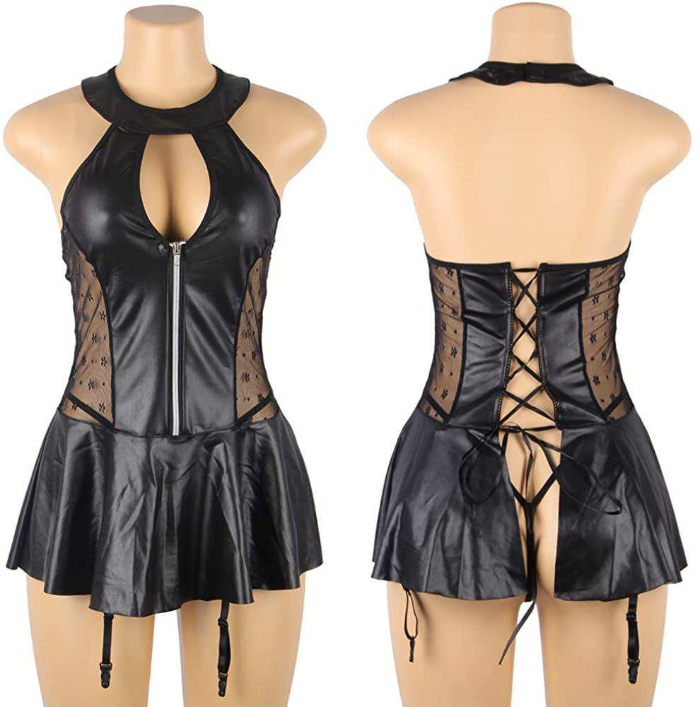 ohyeah Faux Leather Lingerie Bodysuit for Women Plus Size Teddy Lingerie Set with Garter Belt Leotard Nightwear Apparel & Accessories > Clothing > Underwear & Socks > Lingerie ohyeah   