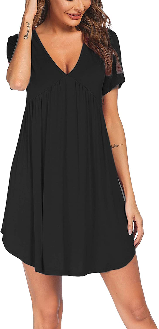 Ekouaer Nightshirt Sexy V Neck Short Sleeve Women Nightgown Soft Sleep Shirts Nightdress Loose Sleepwear Apparel & Accessories > Clothing > Sleepwear & Loungewear > Nightgowns Kylie Max   