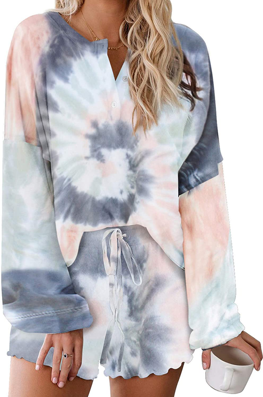 Century Star Women Pajamas Tie Dye Print Long Sleeve Shirt Elastic Drawstring Shorts 2 Piece Set Sleepwear Loungewear Apparel & Accessories > Clothing > Sleepwear & Loungewear > Pajamas Kylie Max   