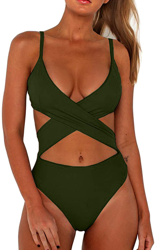CHYRII Women'S Sexy Criss Cross High Waisted Cut Out One Piece Monokini Swimsuit Apparel & Accessories > Clothing > Swimwear Kylie Max Army Green Small 