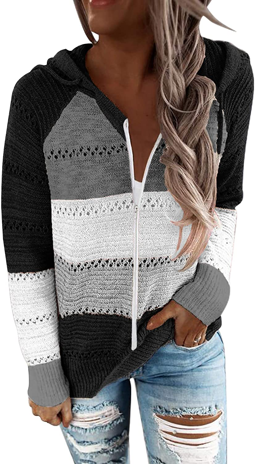 BTFBM Women Zip up Striped Hoodies Jackets Color Block Print Long Sleeve Drawstring Stretchy Casual Pullover Sweatshirts Apparel & Accessories > Clothing > Activewear Kylie Max   