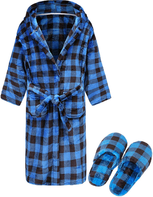 Kids Soft Plush Hooded Bathrobe Matching Slippers,Spa Robe Hooded Flannel Pajamas Sleepwear for Boys Girls Apparel & Accessories > Clothing > Sleepwear & Loungewear > Robes Kylie Max   