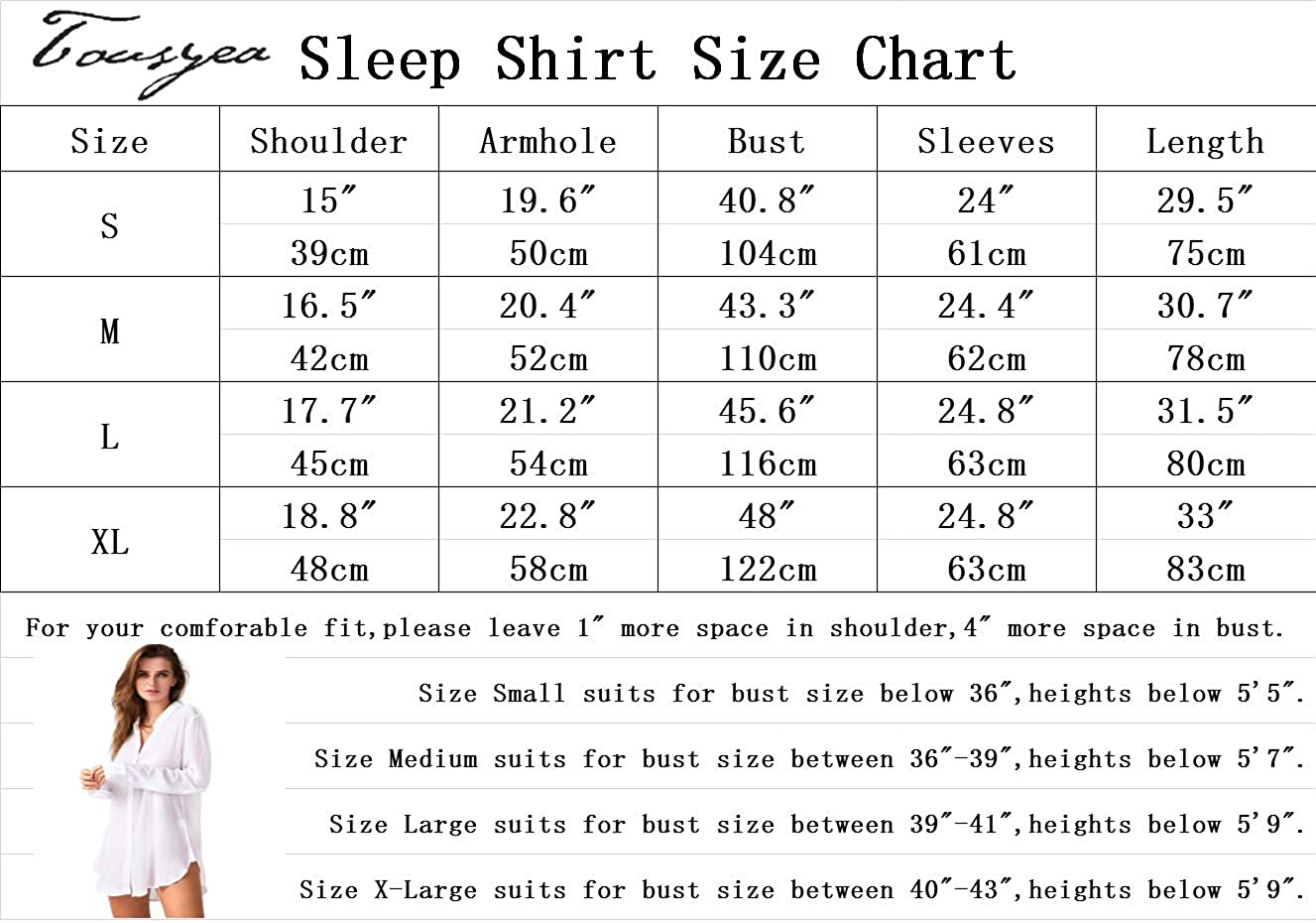 TOUSYEA Sleep Shirts for Women Button down Shirts Long Sleeve Sleepwear Swimsuit Cover Ups Soft Pajama Tops Apparel & Accessories > Clothing > Sleepwear & Loungewear > Nightgowns Kylie Max   