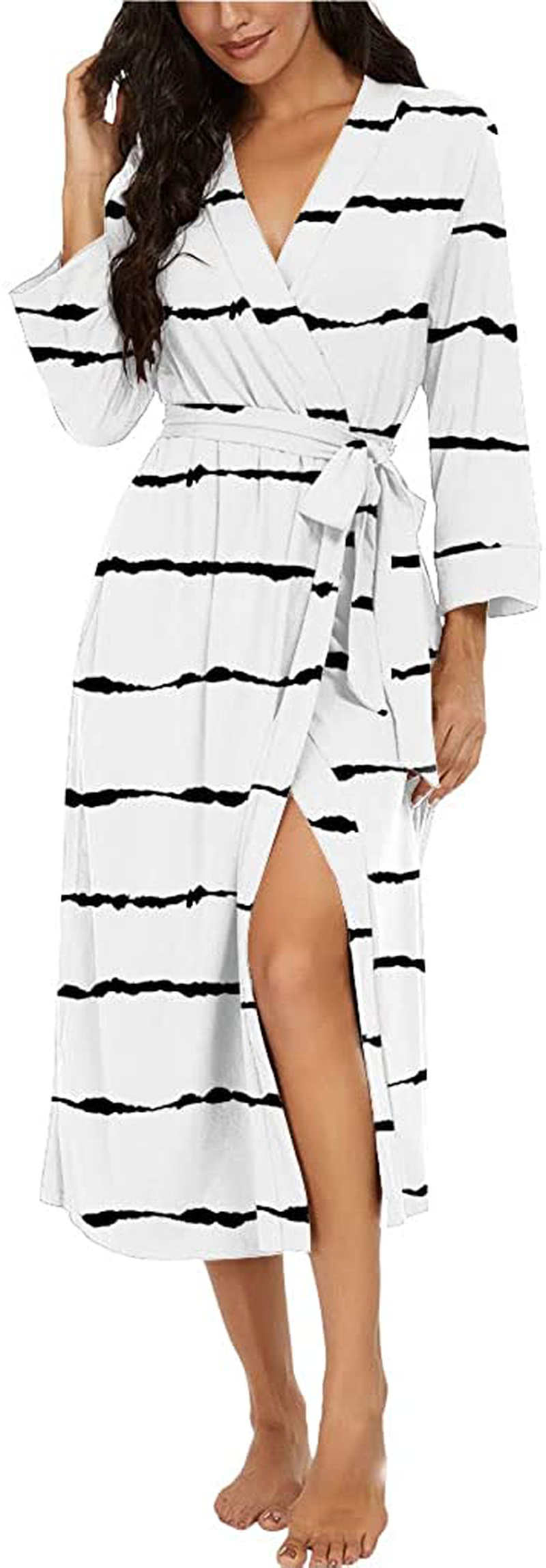 VINTATRE Women Kimono Robes Long Knit Bathrobe Lightweight Soft Knit Sleepwear V-Neck Casual Ladies Loungewear Apparel & Accessories > Clothing > Sleepwear & Loungewear > Robes VINTATRE Fp-striped White Medium 