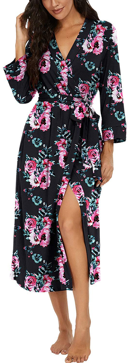 VINTATRE Women Kimono Robes Long Knit Bathrobe Lightweight Soft Knit Sleepwear V-Neck Casual Ladies Loungewear Apparel & Accessories > Clothing > Sleepwear & Loungewear > Robes VINTATRE D06 Fp-black X-Large 