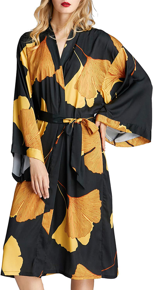 EORUBE Women'S Kimono Robe Long Ginkgo Leaf Printed Satin Robe Bride Bridesmaid Dressing Gown Apparel & Accessories > Clothing > Sleepwear & Loungewear > Robes EORUBE   