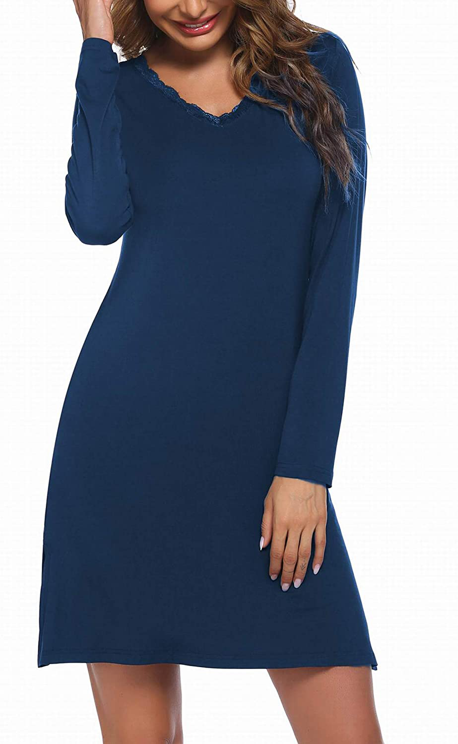 Ekouaer Sleepshirt for Women Sexy Nightgowns Long Sleeve Sleepwear Night Dress V-Neck Nightwear Gown Loungewear S-XXL Apparel & Accessories > Clothing > Sleepwear & Loungewear > Nightgowns Kylie Max   