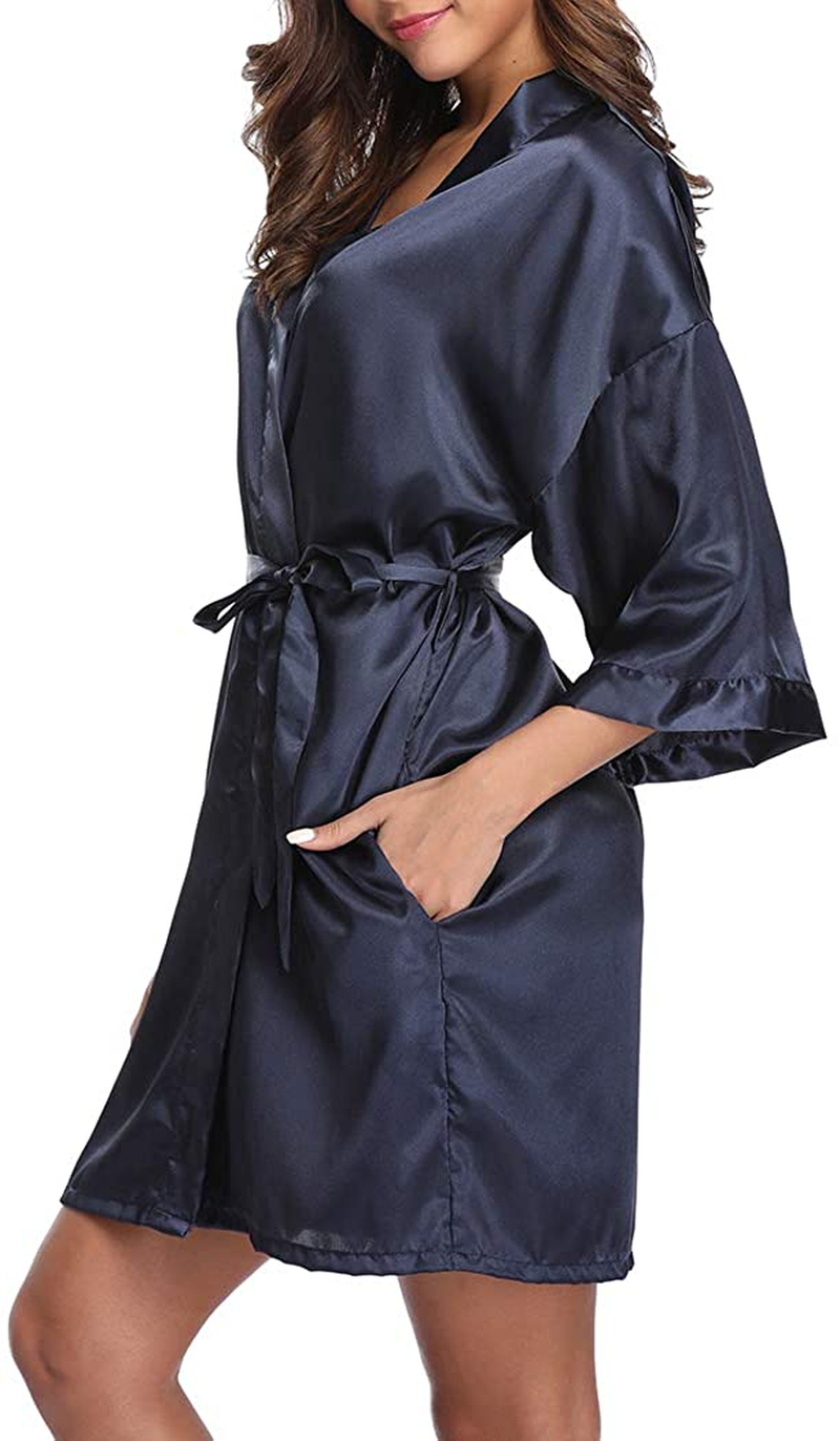 VOGMATE Women'S Floral Satin Short Robe for Bridesmaid Bride Silk Kimono Robe Dressing Gown for Wedding Party Apparel & Accessories > Clothing > Sleepwear & Loungewear > Robes VOGMATE Pure Color-navy Large 