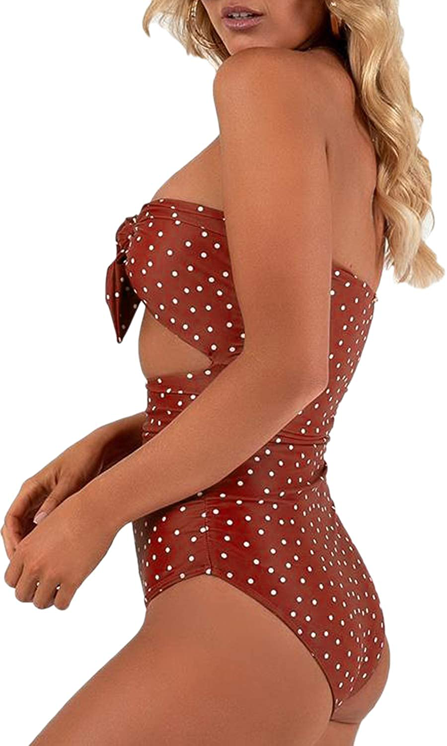 QINSEN Womens Sexy Strapless Tie Knot Front High Waist One Piece Swimsuit Apparel & Accessories > Clothing > Swimwear Kylie Max   