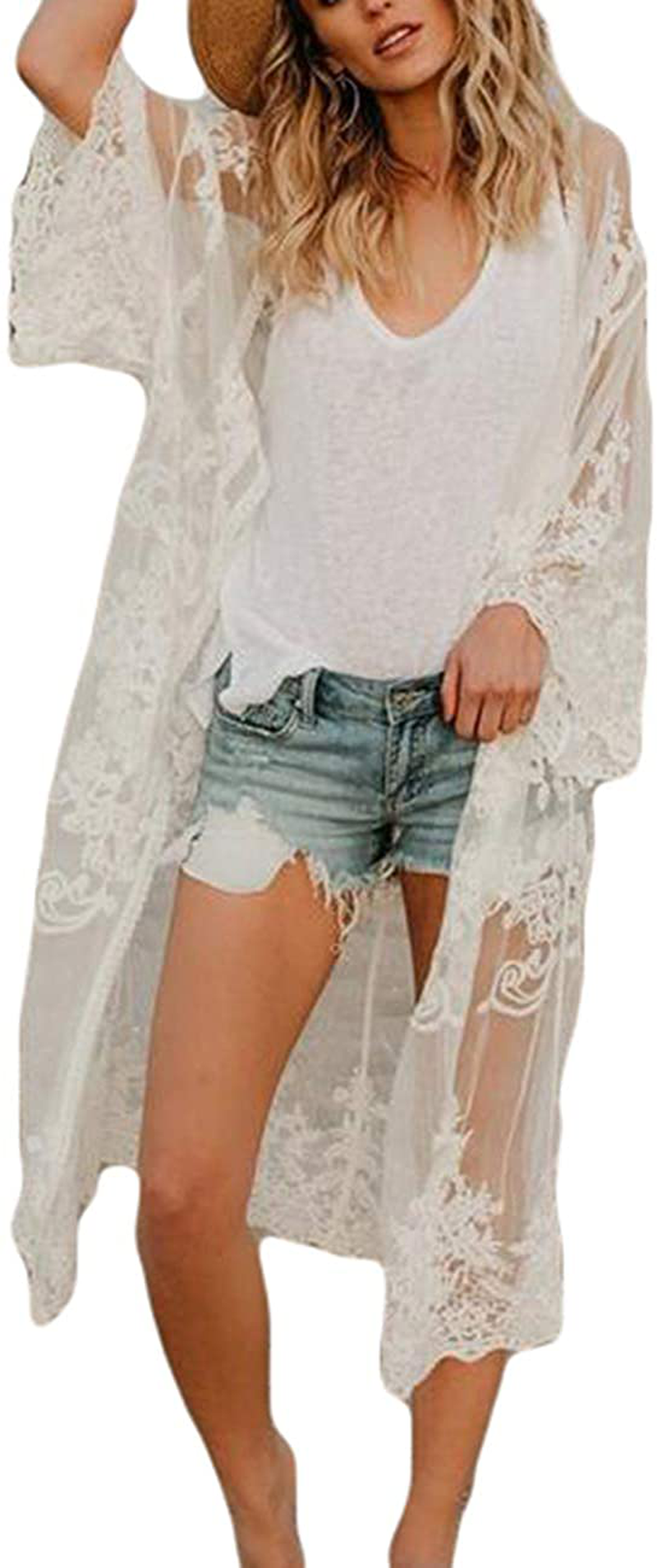 Bsubseach Women Sexy Lace Crochet Open Front Swimsuit Beach Long Kimono Cover Ups Apparel & Accessories > Clothing > Swimwear Kylie Max   