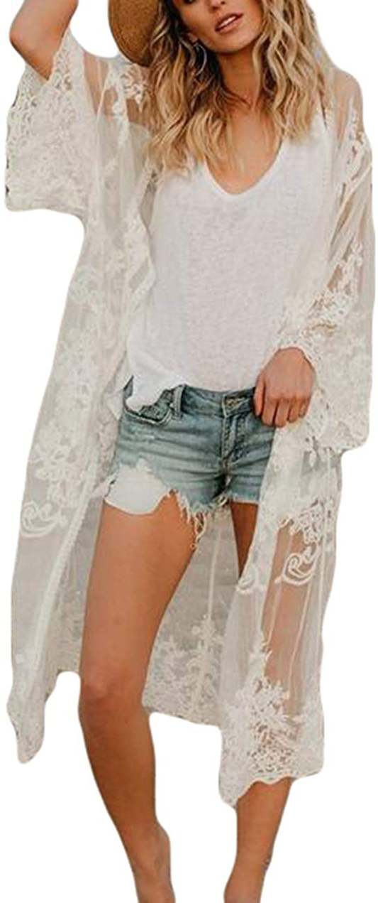 Bsubseach Women Sexy Lace Crochet Open Front Swimsuit Beach Long Kimono Cover Ups Apparel & Accessories > Clothing > Swimwear Kylie Max   
