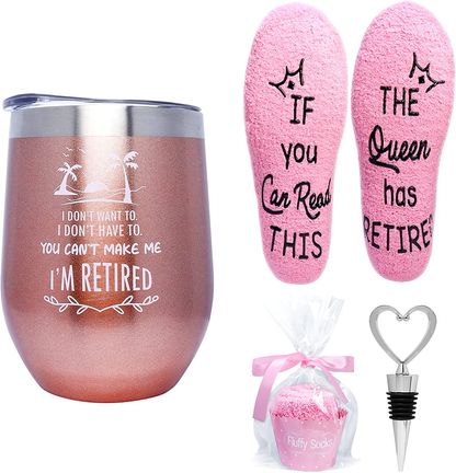 Valporia Retirement Gifts for Women 2021 Insulated Wine Tumbler with Sayings + If You Can Read This Socks + Wine Stopper for Women Birthday Gifts for Women Rose Gold Stainless Steel Xmas Gifts Arts & Entertainment > Party & Celebration > Gift Giving Valporia Rose Gold  