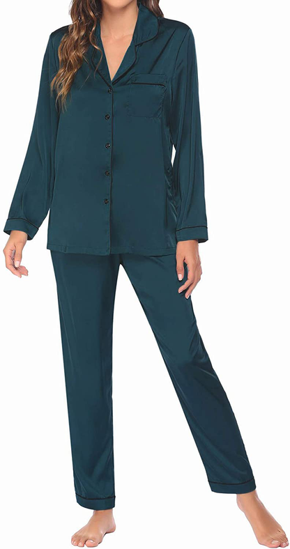 Ekouaer Satin Pajamas Women’S Long Sleeve Sleepwear Silk Soft Button down Loungewear Pjs Set S-XXL Apparel & Accessories > Clothing > Sleepwear & Loungewear > Pajamas Kylie Max   
