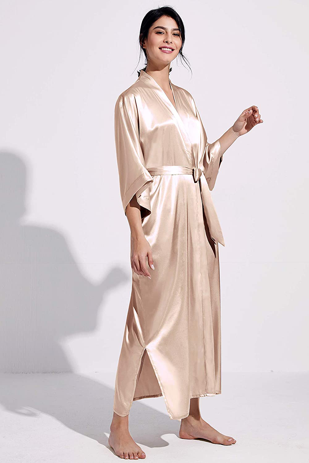 PRODESIGN Satin Kimono Robe Long Silky Kimono Bathrobe Sleepwear Wedding Bridesmaid Robe Apparel & Accessories > Clothing > Sleepwear & Loungewear > Robes KYLIE MAX   