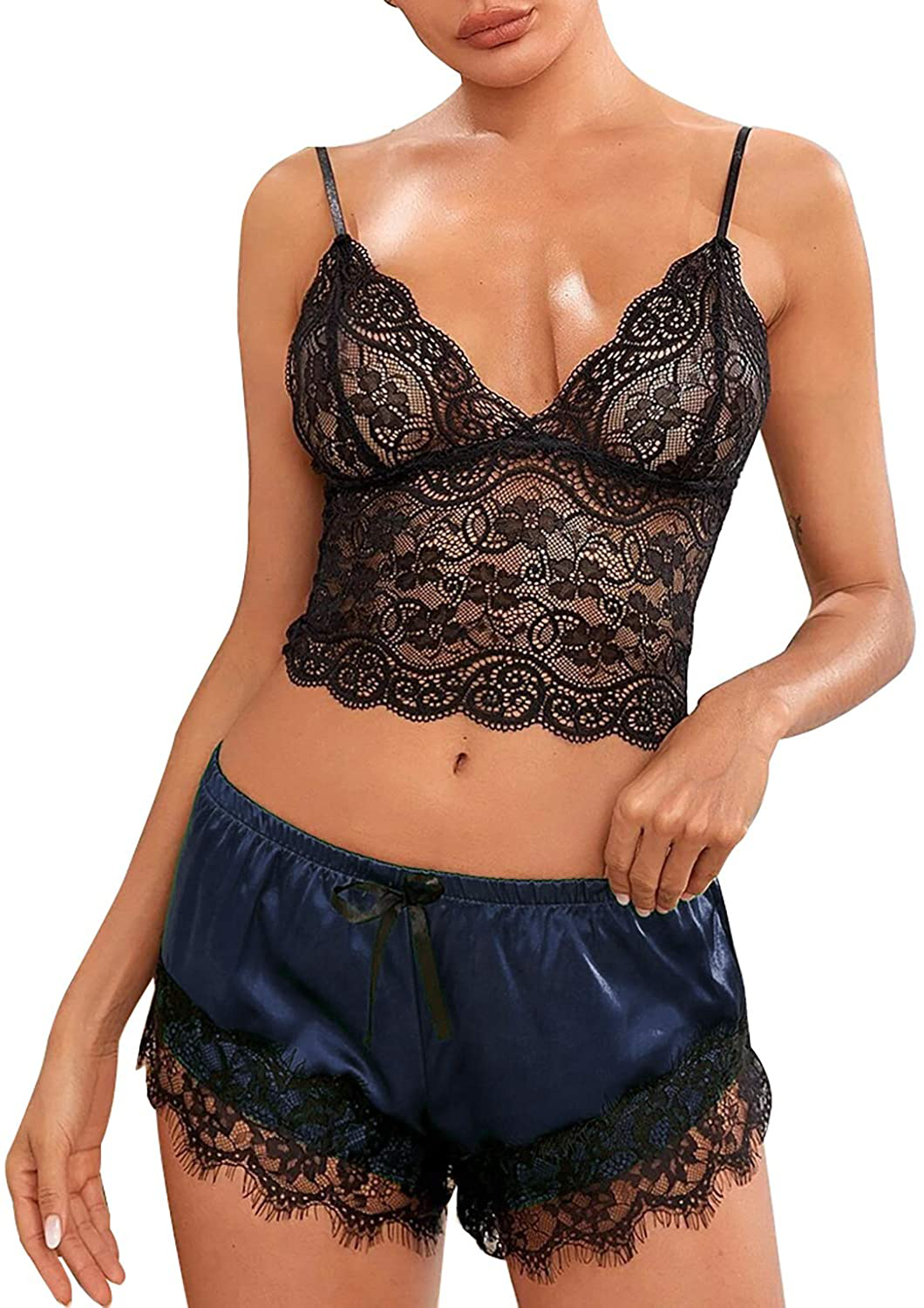 TAKOYI Women'S Sexy Lace 3 Piece Satin Robe and Pajama Set Cami Top Lingerie with Robe Camisole Shorts Apparel & Accessories > Clothing > Sleepwear & Loungewear Kylie Max   