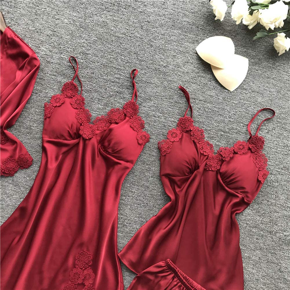 SAPJON Women'S 4Pcs Silk Satin Pajama Set Sexy Cami Top Nightgown Lace Sleepwear Robe Sets Nightdress with Chest Pads Apparel & Accessories > Clothing > Sleepwear & Loungewear Kylie Max   