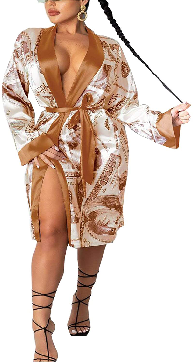Women Money Print Silky Robes Long Sleeve Dollars Pattern Kimono Satin Robe Pjs Loungewear Sleepwear Apparel & Accessories > Clothing > Sleepwear & Loungewear > Robes Andannby Coffee Small 