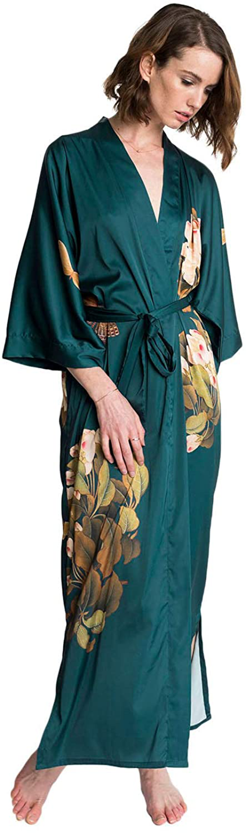 Women'S Charmeuse Kimono Robe Long - Watercolor Floral Apparel & Accessories > Clothing > Sleepwear & Loungewear > Robes OLDSHANGHAI   
