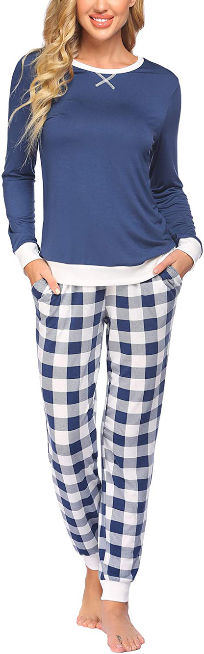 Ekouaer Women's Pajamas Sets Long Sleeve with Plaid Pants Soft Sleepwear O Neck 2 Piece Pjs Joggers Loung Set with Pockets Apparel & Accessories > Clothing > Sleepwear & Loungewear > Pajamas Ekouaer   