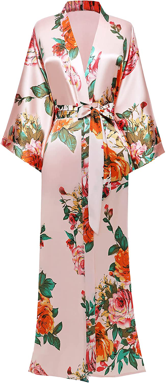 BABEYOND Kimono Robe Long Floral Bridesmaid Wedding Bachelorette Party Robe 53 Inches Apparel & Accessories > Clothing > Sleepwear & Loungewear > Robes KYLIE MAX Pink  