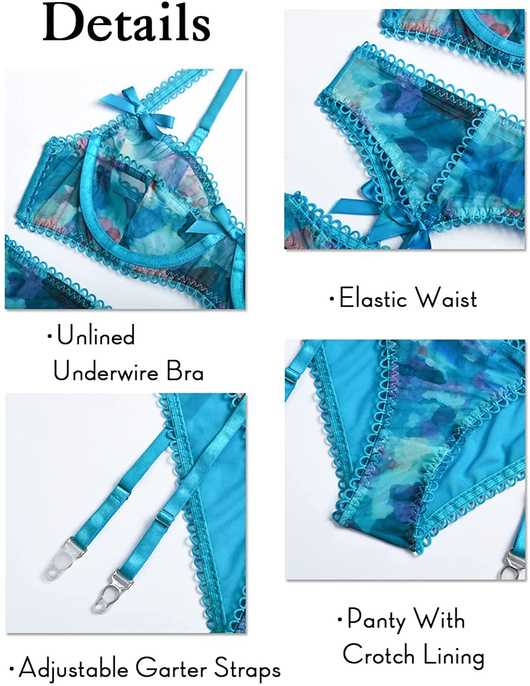 Kaei&Shi Camo Mesh Sheer,Underwire Satin Bow,High Waisted Belt,Garter Lingerie Set Apparel & Accessories > Clothing > Underwear & Socks > Lingerie Kaei&Shi   