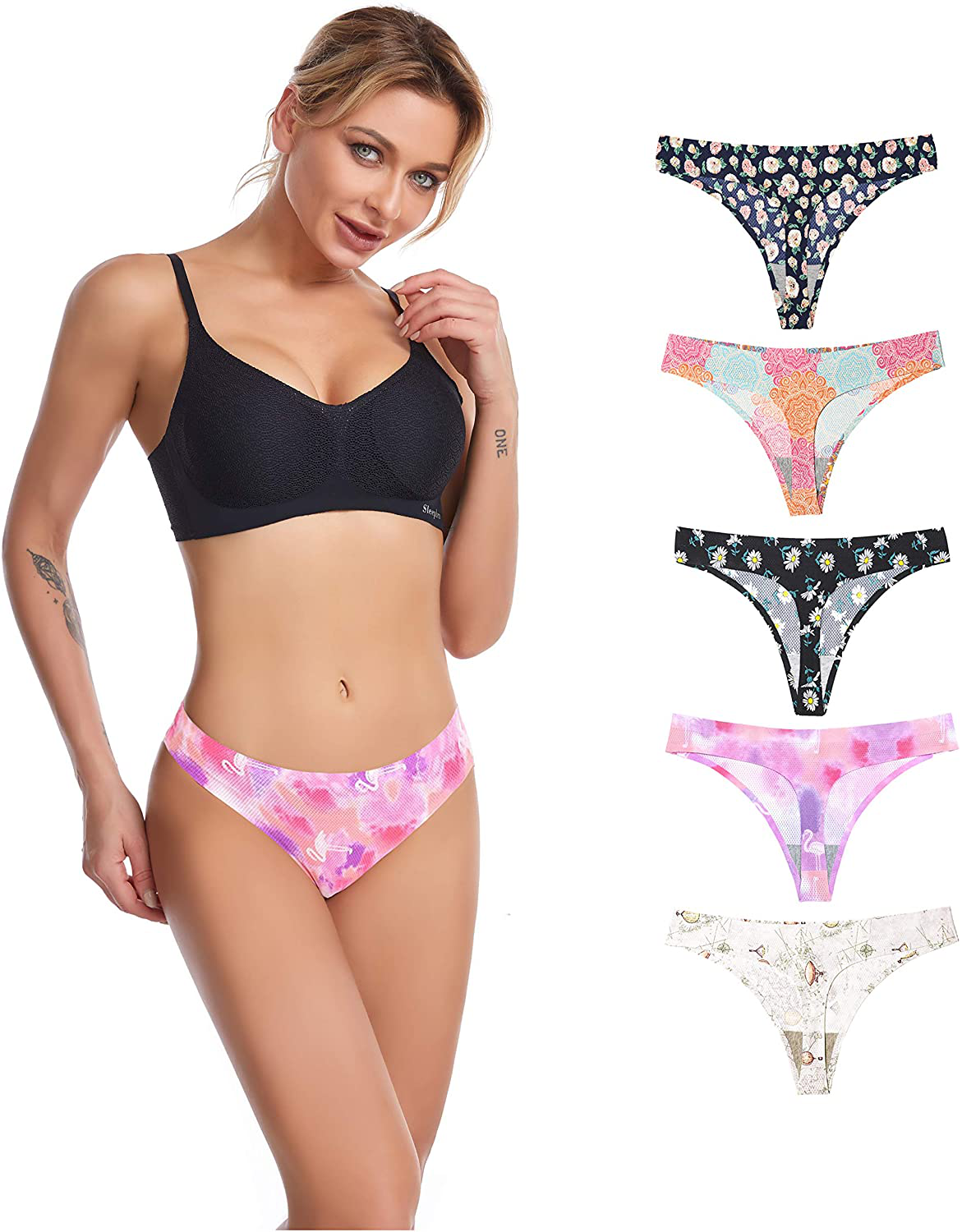 CRISAN Seamless Thongs for Women Nylon No Show Thong Underwear Women 6 Pack Apparel & Accessories > Clothing > Underwear & Socks > Underwear CRISAN E-5 Pack Printing Medium 