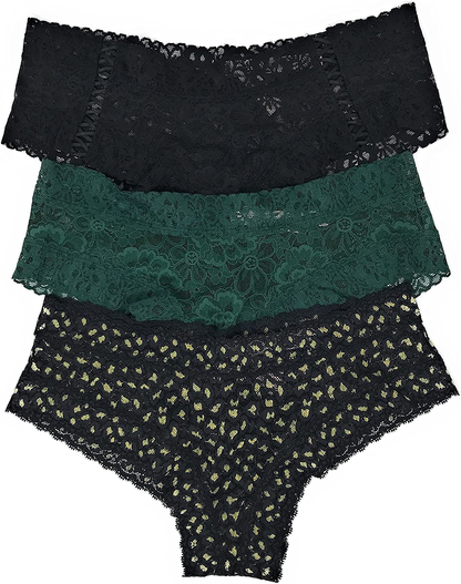 Victoria'S Secret the Lacie Cheeky Panty Set of 3 Apparel & Accessories > Clothing > Underwear & Socks > Underwear Victoria's Secret Black Cross / Emerald / Black Gold Leopard Medium 