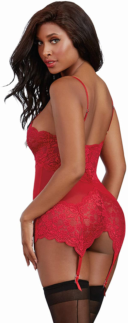 Dreamgirl Women'S Stretch Lace and Mesh Garter Slip with Matching G-String Set Underwear Apparel & Accessories > Clothing > Underwear & Socks > Lingerie Dreamgirl   