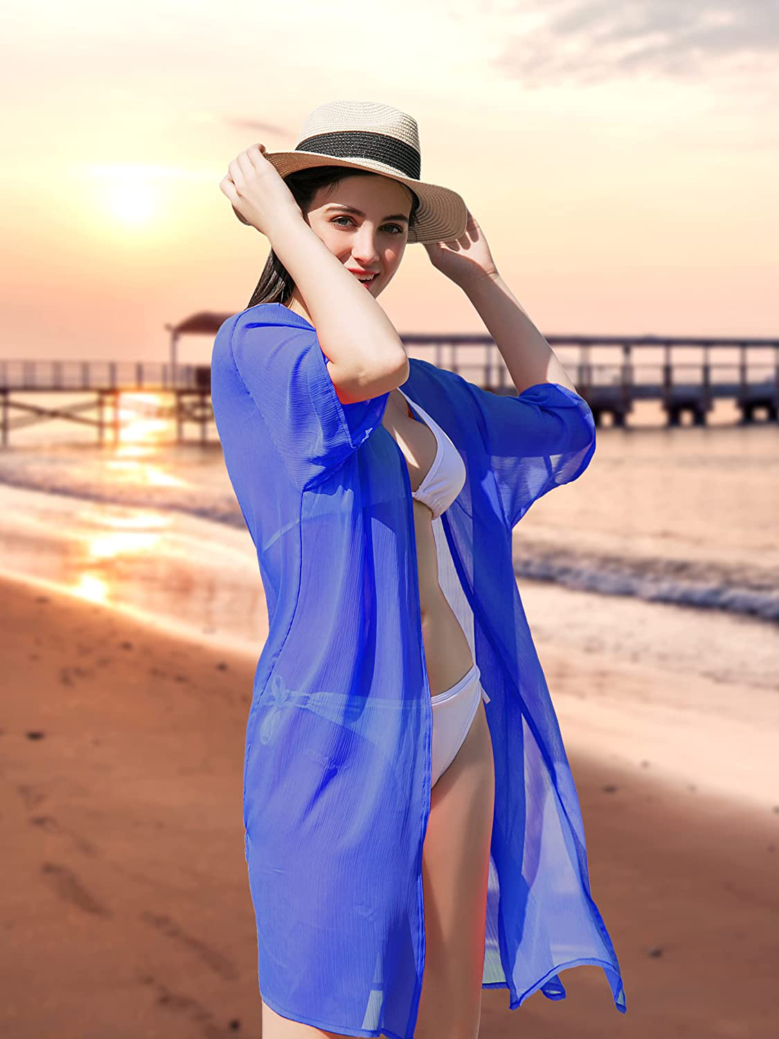 LA CARRIE Women'S Chiffon Kimono Cardigan Cover up with Half Sleeve Summer Sheer Beachwear Swimsuit for Bikini Apparel & Accessories > Clothing > Swimwear Kylie Max   