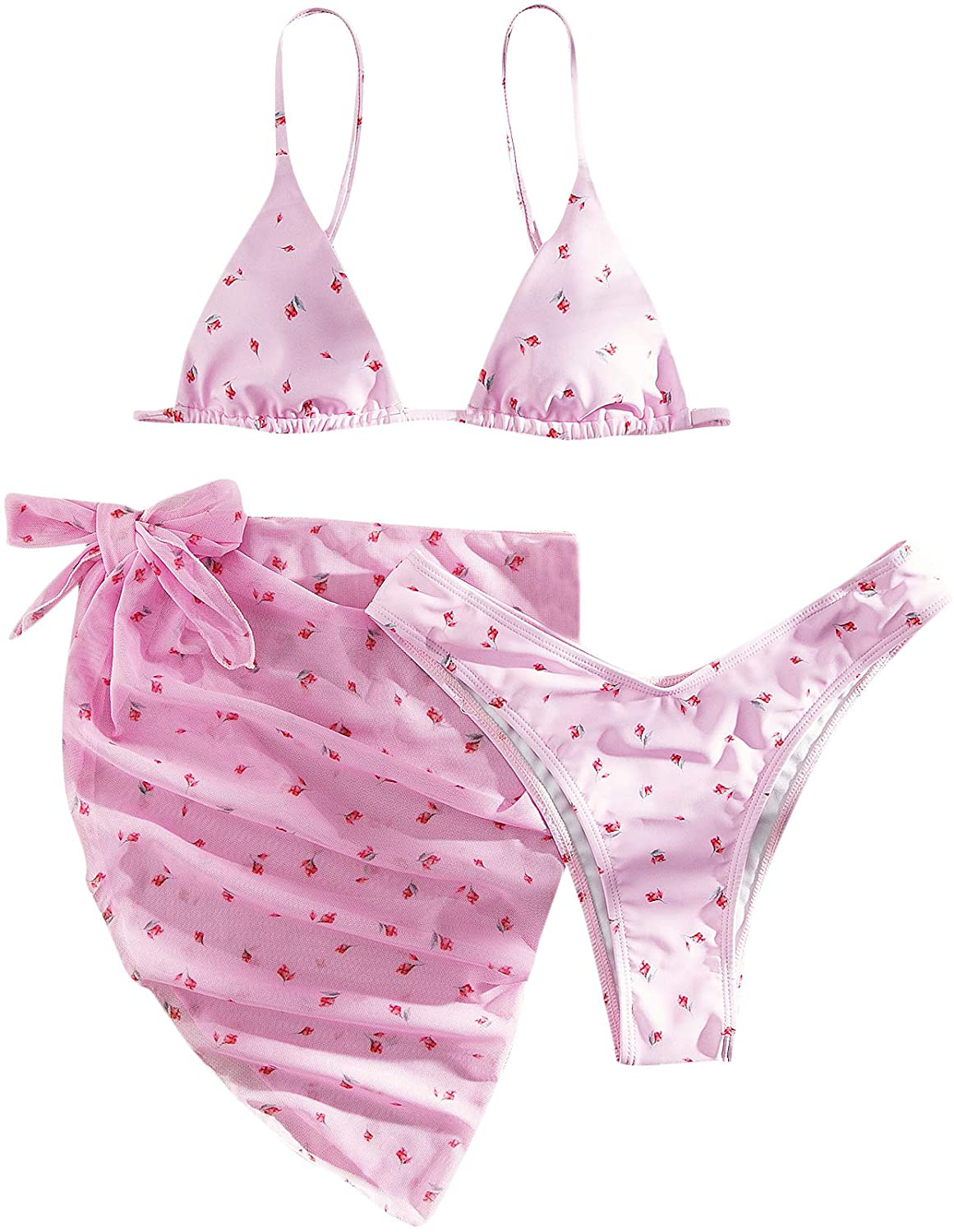 SOLY HUX Women's Wrap Triangle Bikini Bathing Suits with Mesh Beach Skirt 3 Piece Swimsuits Apparel & Accessories > Clothing > Swimwear KYLIE MAX Pink Floral Small 