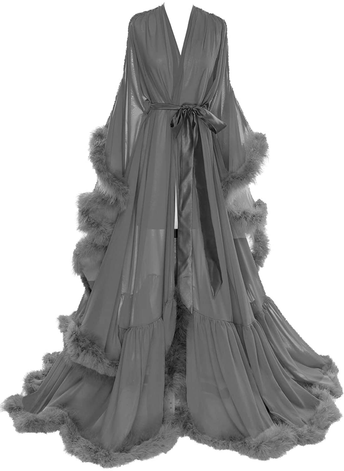 Molisa Women'S Sexy Feather Bridal Robe Long Wedding Scarf Illusion Bathrobe Sleepwear Lingerie Robe Nightgown Apparel & Accessories > Clothing > Sleepwear & Loungewear > Robes Molisa Grey Small-Medium 