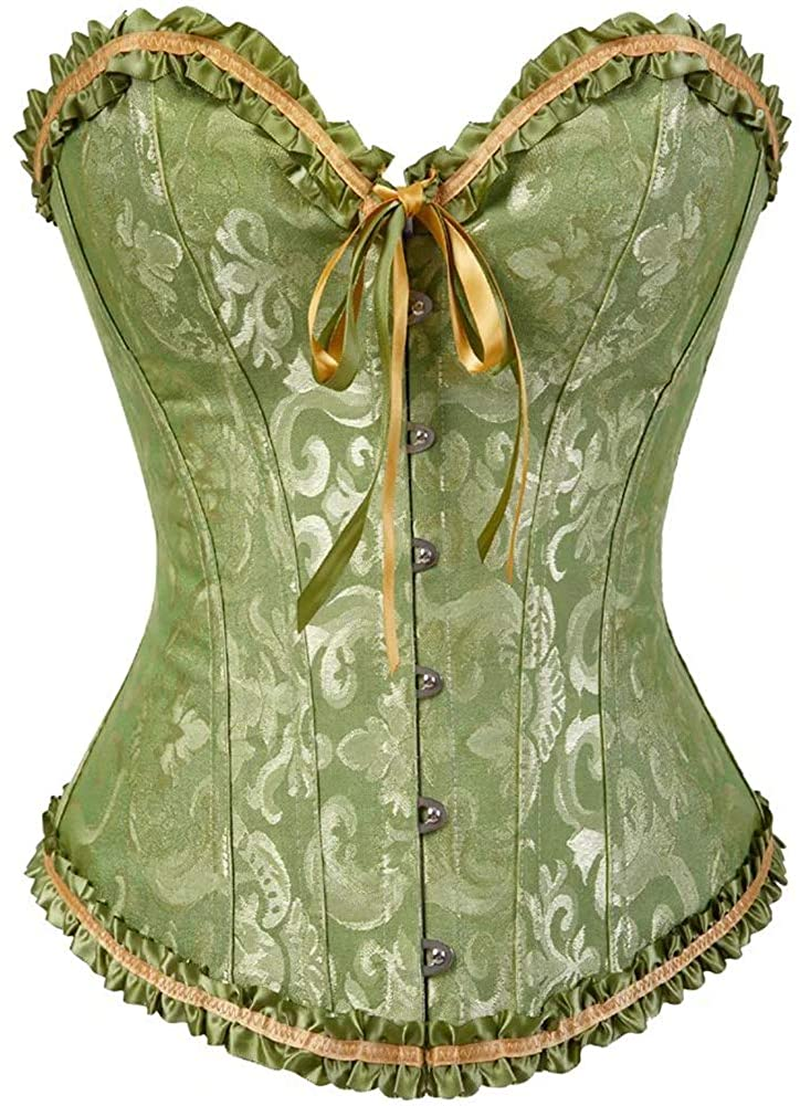 Women'S Lacing Corset Top Satin Floral Boned Overbust Body Shaper Bustier Apparel & Accessories > Clothing > Underwear & Socks > Lingerie SHYMMUO Green X-Large 